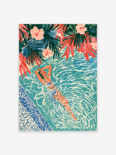 Tropical pool poster of a woman floating in turquoise water with pink hibiscus and palm leaves