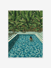 Illustrative print of a person swimming in a blue pool with green and white striped patio and tropical leaves