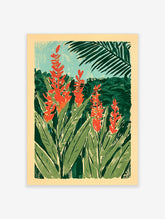 Tropical red ginger flower poster with green leaves and palm frond on pale blue sky