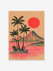 Illustrative tropical island print with palm trees, mountains, red sun, and pink water on tan paper