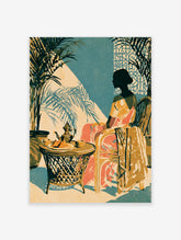 Tropical tea poster with silhouetted woman, rattan table, teapot and palm shadows in teal and coral