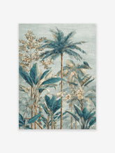 Tropical wall art print featuring an illustrative jungle scene with blue-green palm trees, large leaves, and beige foliage.
