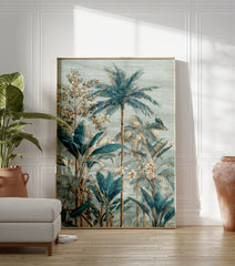 Tropical wall art print featuring an illustrative jungle scene with blue-green palm trees, large leaves, and beige foliage. - Image 3