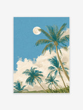 Tropical wall art print of palm trees under a full moon and clouds with a blue sky and green foliage.