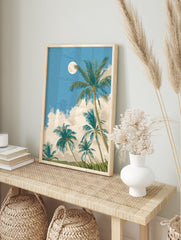 Tropical wall art print of palm trees under a full moon and clouds with a blue sky and green foliage. - Image 3
