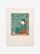 Illustration of a woman in a green polka dot dress reading a book and holding wine, surrounded by green palm leaves.