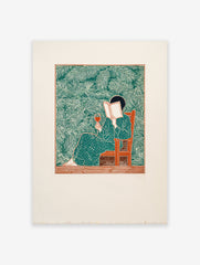 Illustration of a woman in a green polka dot dress reading a book and holding wine, surrounded by green palm leaves.