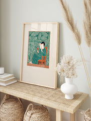 Illustration of a woman in a green polka dot dress reading a book and holding wine, surrounded by green palm leaves. - Image 3