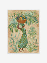 Tropical Woman Wall Art featuring a woman carrying a basket of fruit on her head, surrounded by lush green palm leaves.