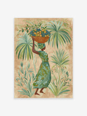 Tropical Woman Wall Art featuring a woman carrying a basket of fruit on her head, surrounded by lush green palm leaves.