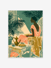 Tropical woman seated by a table with teapot, pastries and palm leaves, teal and peach art print