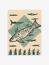 Vintage woodcut trout print with teal diamond, wave patterns, and small fish silhouettes