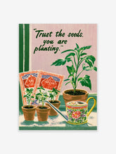 Botanical poster with text Trust the seeds you are planting, potted seedlings, seed packets, and floral watering can on pink