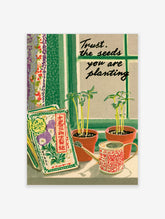 Botanical illustration of seedlings in pots, a watering can, and a seed packet with the text Trust the seeds you are