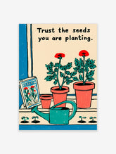Red poppy flower poster with text Trust the seeds you are planting, teal watering can, terracotta pots, and seed packet