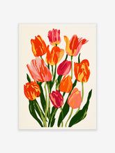 Vibrant tulip bouquet illustration with red, orange, and pink flowers and green leaves on a cream background