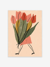 Abstract poster of a woman in a pink skirt holding oversized red and pink tulips with green leaves on a beige background