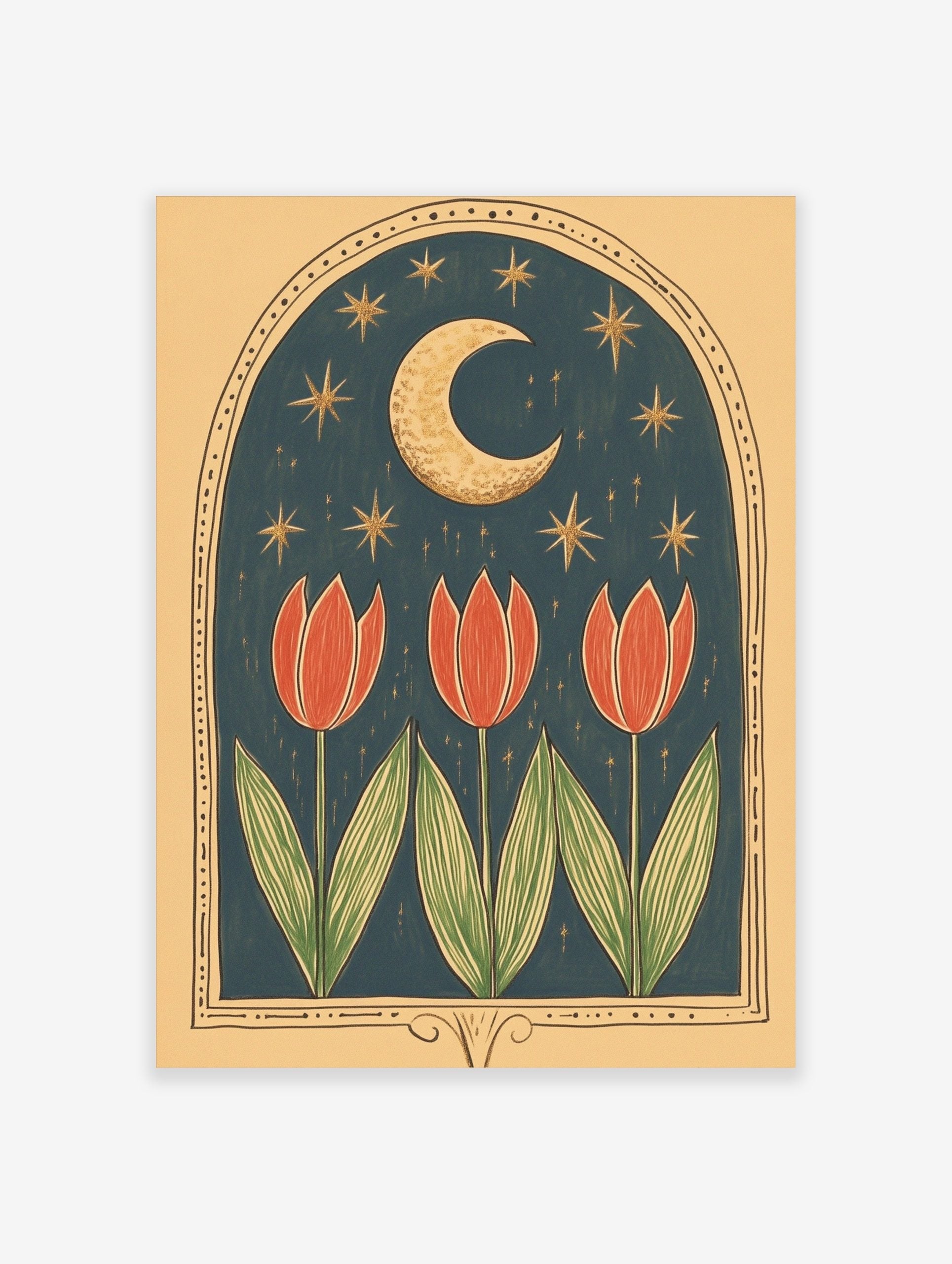 Illustrative art print with three red tulips under a golden crescent moon and stars in a dark blue arched frame