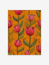 Red tulip botanical illustration art print with green leaves on a vibrant orange patterned background.