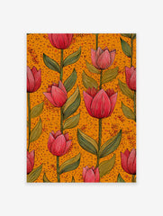 Red tulip botanical illustration art print with green leaves on a vibrant orange patterned background.