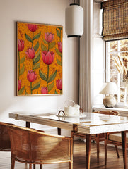 Red tulip botanical illustration art print with green leaves on a vibrant orange patterned background. - Image 2