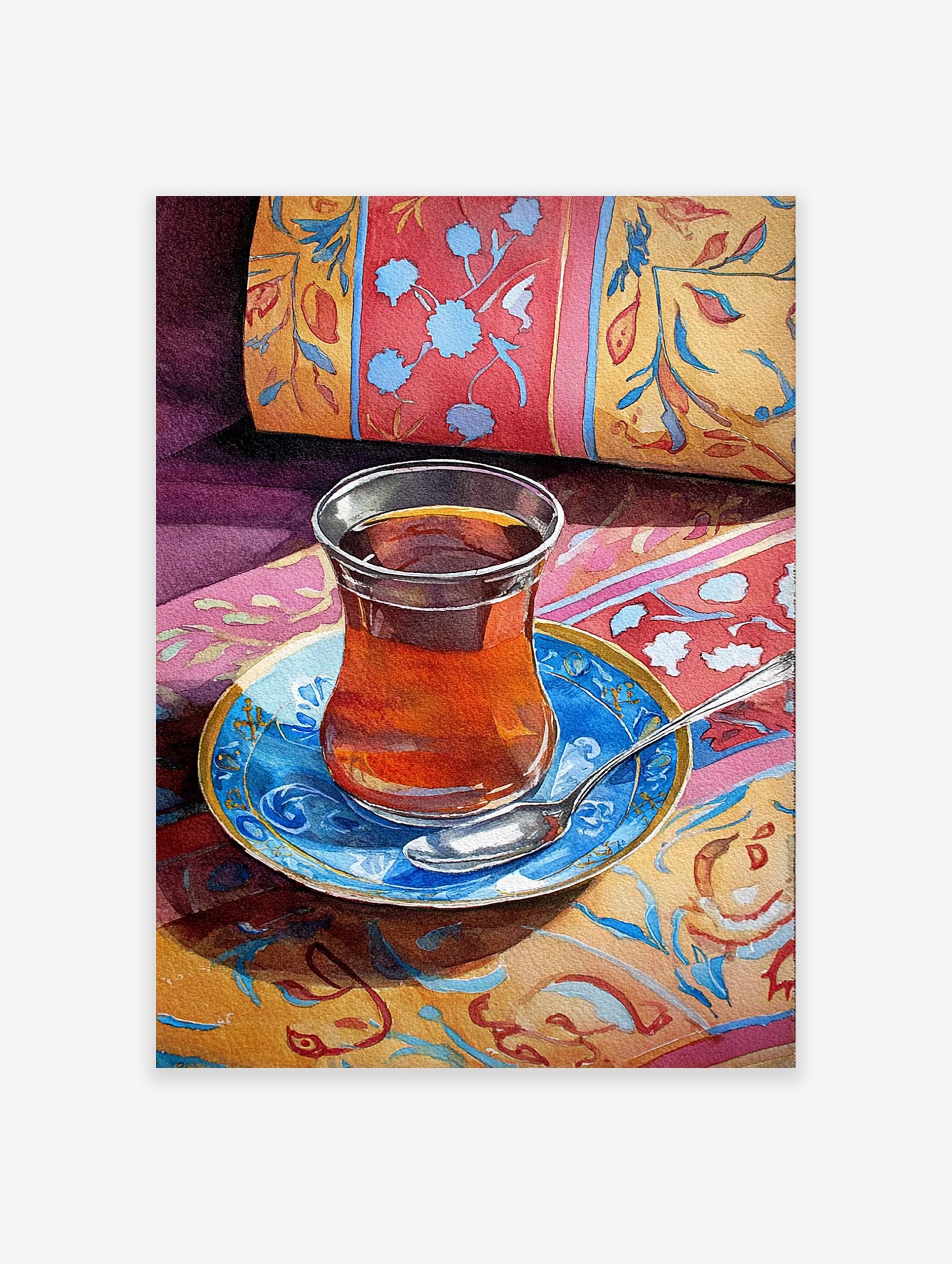 Watercolor painting of a glass of Turkish tea on a blue saucer with a spoon, surrounded by vibrant patterned textiles.