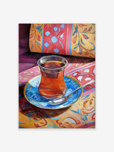 Watercolor painting of a glass of Turkish tea on a blue saucer with a spoon, surrounded by vibrant patterned textiles.