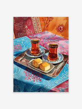 Watercolor painting of Turkish tea in tulip glasses with pastries on a silver tray, set on colorful patterned fabrics.