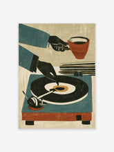 Retro illustration of a hand placing a vinyl record on a turntable, with a coffee cup, in teal, orange, and black