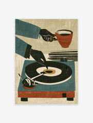 Retro illustration of a hand placing a vinyl record on a turntable, with a coffee cup, in teal, orange, and black