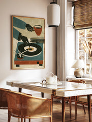 Retro illustration of a hand placing a vinyl record on a turntable, with a coffee cup, in teal, in a styled room mockup