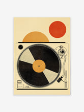 Minimalist turntable poster with a black record, orange center, and red and orange circles in a cream background.