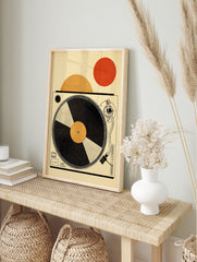 Minimalist turntable poster with a black record, orange center, and red and orange circles in a cream background. - Image 4