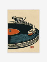 Retro turntable record player poster with orange label and blue grooves in woodcut style
