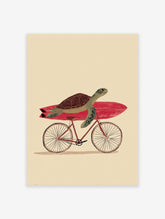 Illustrated green turtle with a brown shell carrying a red surfboard on a bicycle, against a cream background. Whimsical wall art.