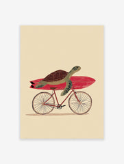 Illustrated green turtle with a brown shell carrying a red surfboard on a bicycle, against a cream background. Whimsical wall art.