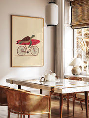 Illustrated green turtle with a brown shell carrying a red surfboard on a bicycle, against a cream background. Whimsical wall art. - Image 3
