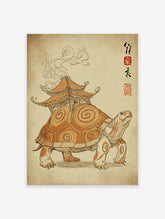 Illustrated turtle wall art carrying an Asian pagoda house on its back, with cultural script and red seals on aged paper.