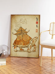 Illustrated turtle wall art carrying an Asian pagoda house on its back, with cultural script and red seals on aged paper. - Image 2