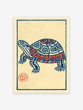 Traditional illustrative turtle art print with blue, red, and green patterns on a cream background, featuring a red seal.