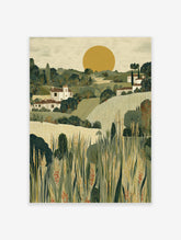 Illustrative Tuscan landscape art print with white houses, green hills, golden wheat fields, and a large yellow sun
