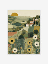 Illustrative Tuscan landscape art print with green hills, white village houses, cypress trees, and foreground sunflowers
