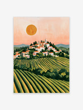 Tuscan village landscape art print with rolling vineyards and a peach sun in the sky