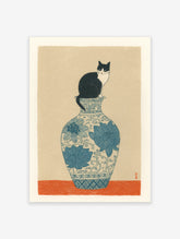 Black and white tuxedo cat sitting on a blue and white floral vase with an orange base. Cat wall art illustration.