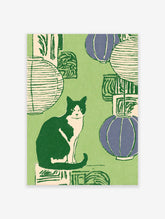Illustrated Cat Wall Art featuring a black and white tuxedo cat sitting among green and purple lanterns on a green background.