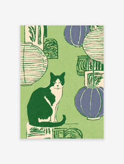 Illustrated Cat Wall Art featuring a black and white tuxedo cat sitting among green and purple lanterns on a green background.