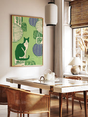 Illustrated Cat Wall Art featuring a black and white tuxedo cat sitting among green and purple lanterns on a green background. - Image 2