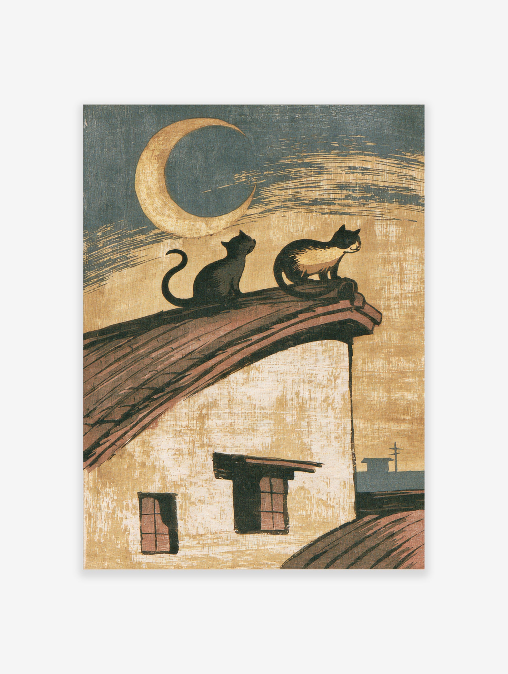 Vintage illustration of two cats sitting on a roof under a crescent moon, paper wall art print