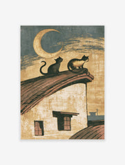Vintage illustration of two cats sitting on a roof under a crescent moon, paper wall art print
