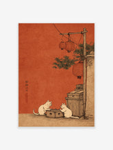 Two white cats playing chess on a crate under red lanterns and green leaves, Japanese style illustration